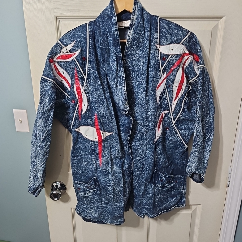 Cache Vintage 80s Acid Wash Beaded/Studded Embellished Blue Denim Jean‎ Jacket